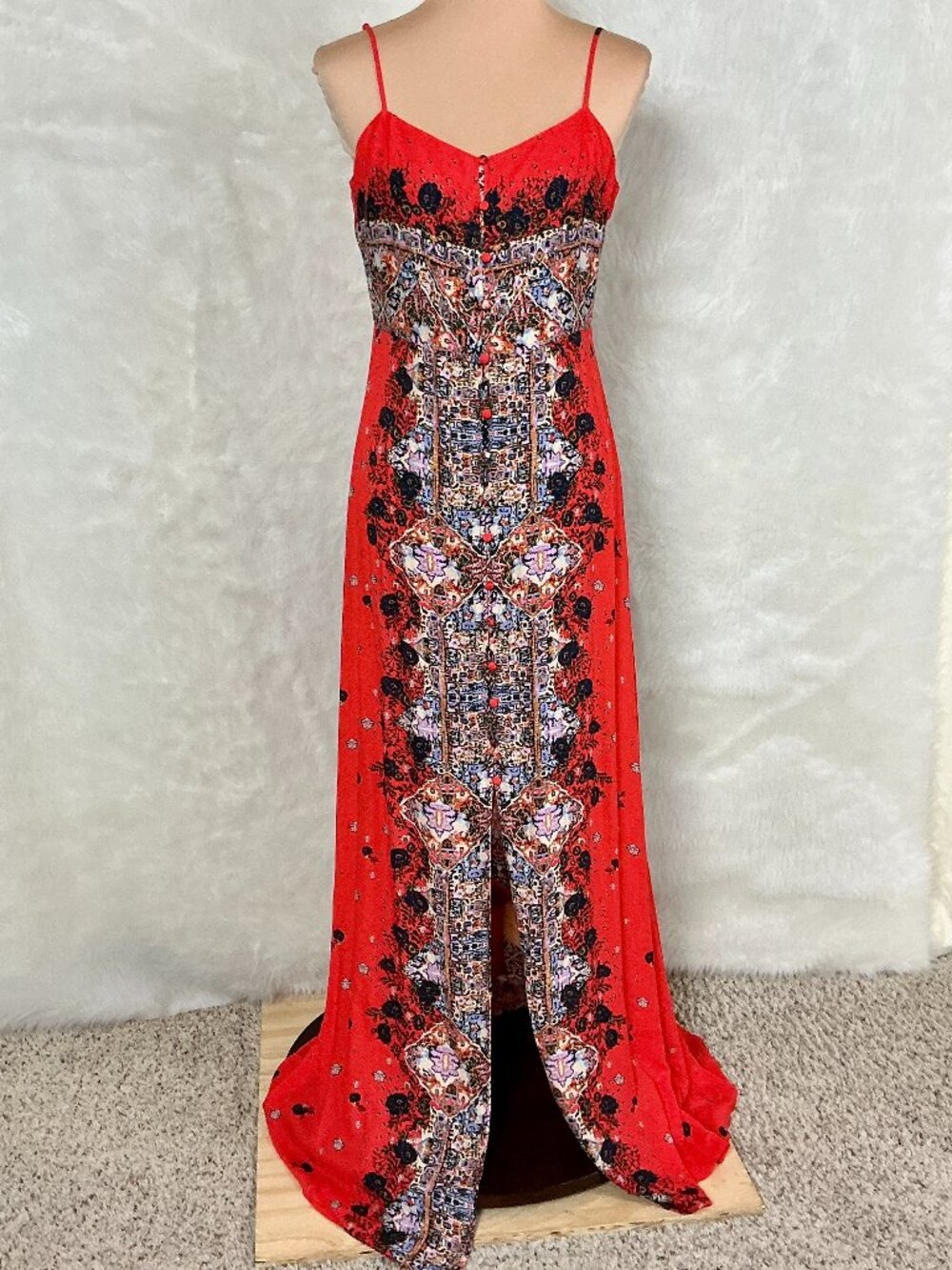 Intimately Free People Red Floral Lace Morning Song Maxi Dress Cherry Combo L